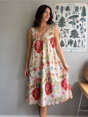 Vintage Gilmour Floral V-Neck Slip Dress in Cream and Red large